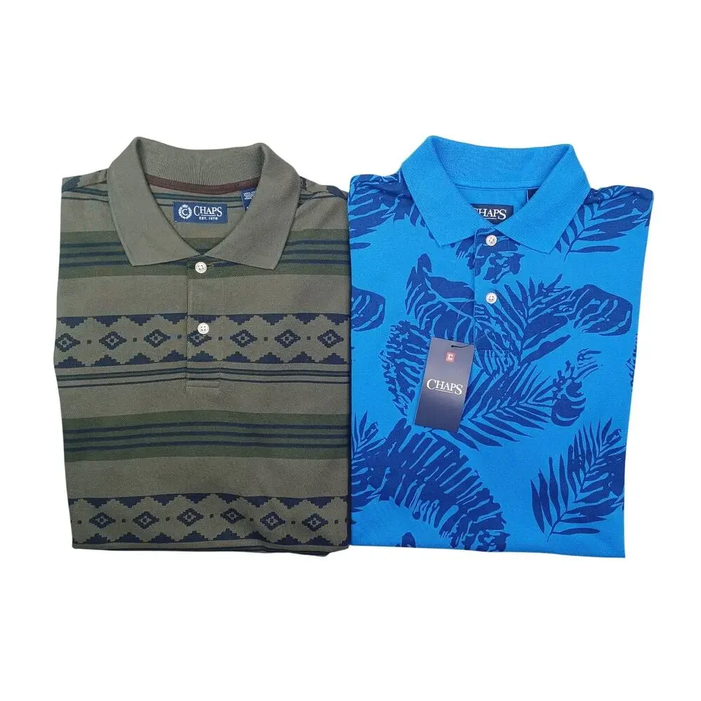 CHAPS Pique Polo Shirt Lot of Two Mens S Blue Green Tropical Tribal Short Sleeve